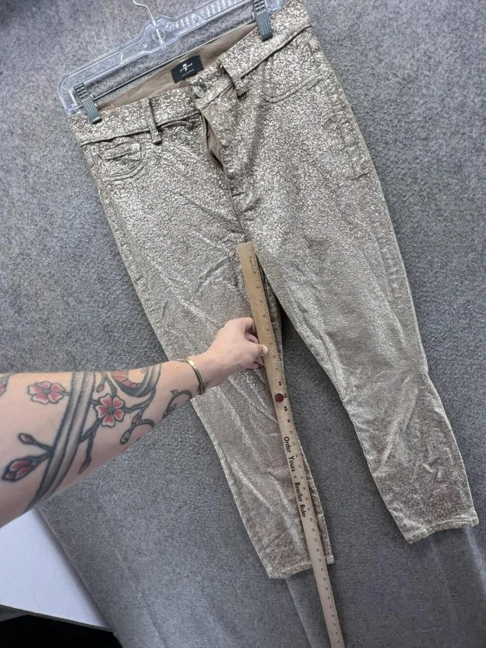7 For All Mankind Jeans Womens 32 Gold Glitter Skinny Stretch Denim Pants